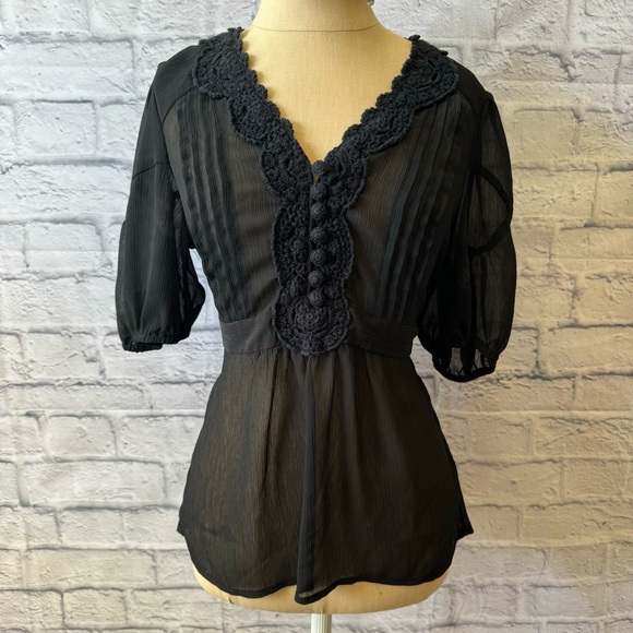 Apt 9 Bohemian Sheer Black Empire Tie Waist Blouse/Top with Crochet Detail Small - Picture 5 of 13